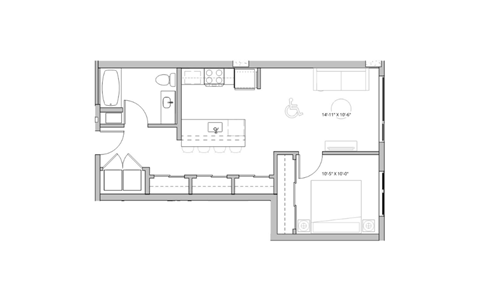 Floor plan for 1 bed, 1 bath, 682 sqft
